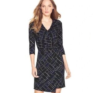White House Black Market Blue  Long-Sleeve Wrap Dress with White Linear Grid